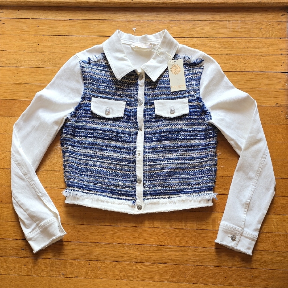 NWT, Ramy Brook, Tweed Denim Barry Jacket, Blue & White, Metallic, *FLAW*, S